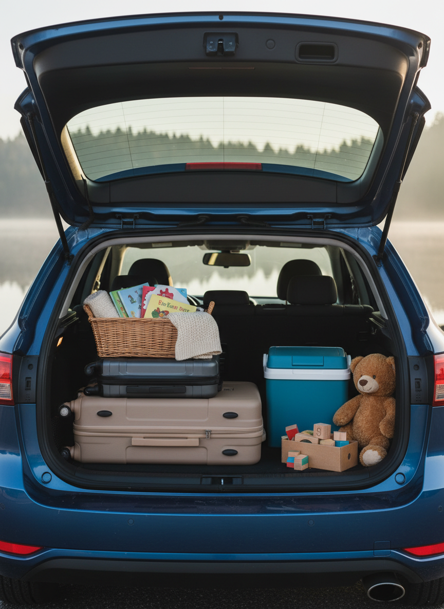 An inviting car trunk organized with travel and family essentials: two neatly stacked hard-shell suitcases in muted tones, a woven basket containing a soft blanket and picture books, a compact cooler, and a small box with colorful toy blocks and a plush animal. The trunk door is open toward a tranquil lakeside parking spot, with calm water and tree silhouettes in soft focus beyond. Early morning light filters through a light mist, casting a cool, diffused glow and subtle reflections on the car’s paint. Photographic realism with an eye-level, straight-on composition emphasizes order and readiness, creating a serene, practical mood suited to road trip and parenting themes.