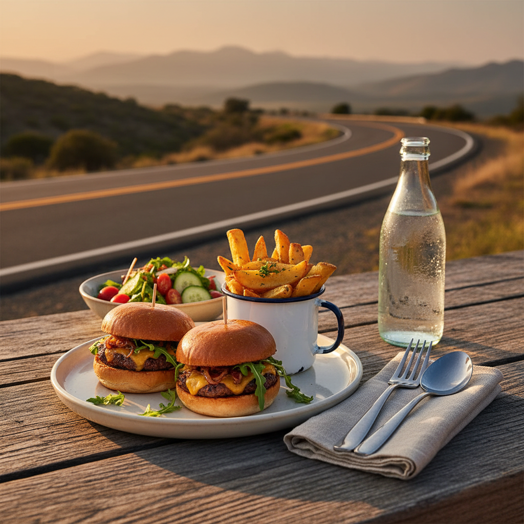 A rustic yet elegantly plated roadside meal on a weathered wooden picnic table: a ceramic plate with gourmet-style burgers, golden hand-cut fries in a small enamel cup, and a vibrant side salad with mixed greens and cherry tomatoes. A cloth napkin, stainless steel cutlery, and a glass bottle of sparkling water with beads of condensation complete the setting. In the blurred background, a winding scenic highway and distant mountains suggest a roadside lookout. Warm golden hour sunlight creates rich highlights on the food and gentle shadows across the table. Shot at a shallow angle in photographic realism using the rule of thirds, the mood feels indulgent yet approachable, capturing the pleasure of spontaneous dining while traveling.