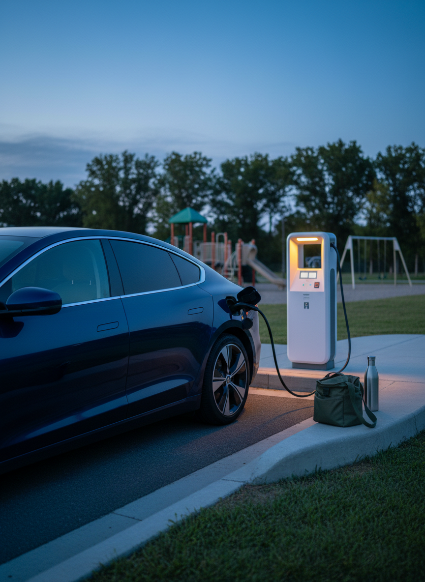 A serene highway rest stop scene at dusk, focusing on a single, impeccably clean electric car parked beside a modern charging station. The car’s glossy surface subtly reflects the deepening blue sky. Nearby, a small, neatly packed insulated tote and reusable water bottle rest on a low concrete barrier. In the mid-distance, a softly blurred playground structure and orderly trees suggest family-friendly amenities. Cool twilight ambient light is accented by the warm glow of the charging station, creating a balanced, cinematic contrast. Framed from a low three-quarter angle in photographic realism with moderate depth of field, the mood feels quiet, safe, and sophisticated, perfect for stories about sustainable long-distance driving.