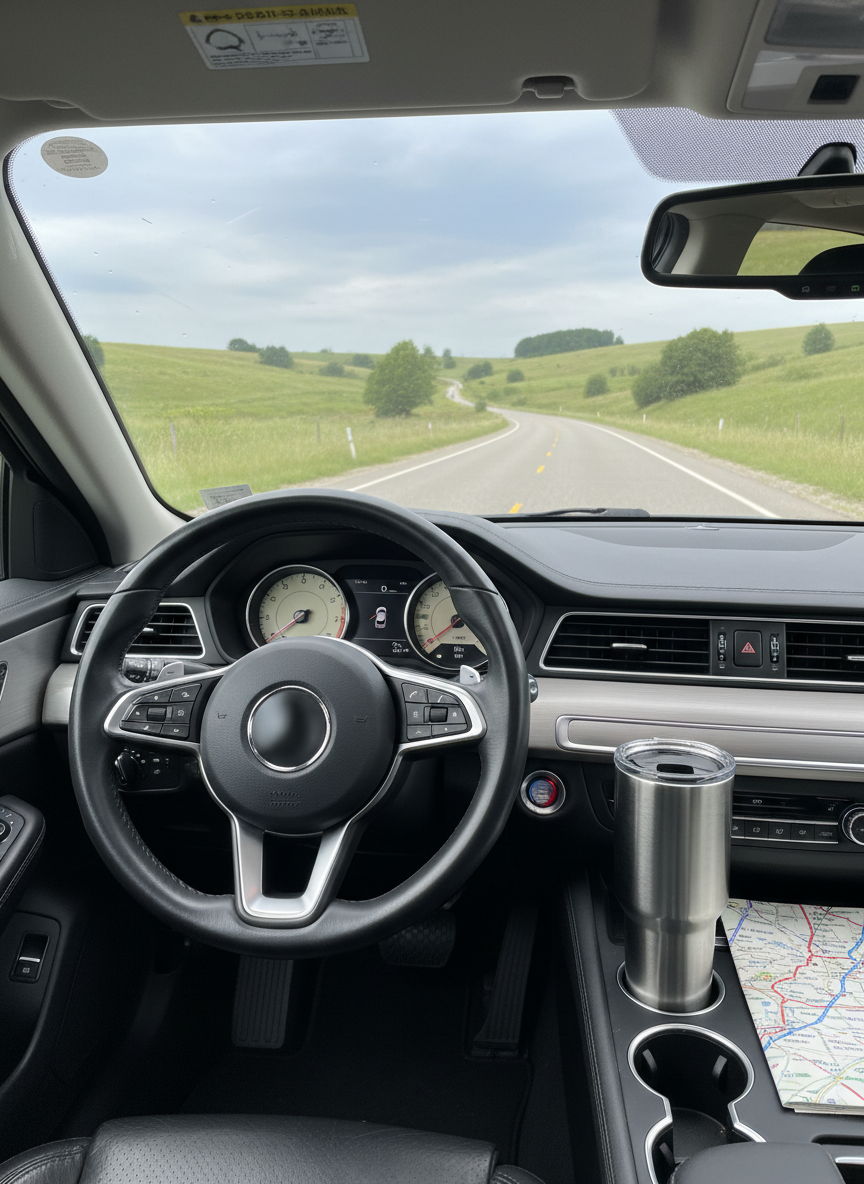 A refined car dashboard interior featuring a clean, modern steering wheel, analog dials, and a minimalist center console, with a reusable stainless steel travel mug in the cup holder and a folded paper road map tucked beside the gear shift. Through the windshield, an empty two-lane highway curves through rolling green hills under a wide, pale-blue sky. Soft, overcast daylight bathes the scene, creating even, diffused lighting with minimal harsh reflections on the glass. Captured from the passenger-side perspective at eye level in photographic realism, the composition leads the viewer’s gaze out toward the open road, evoking a calm, anticipatory mood ideal for thoughtful travel storytelling.
