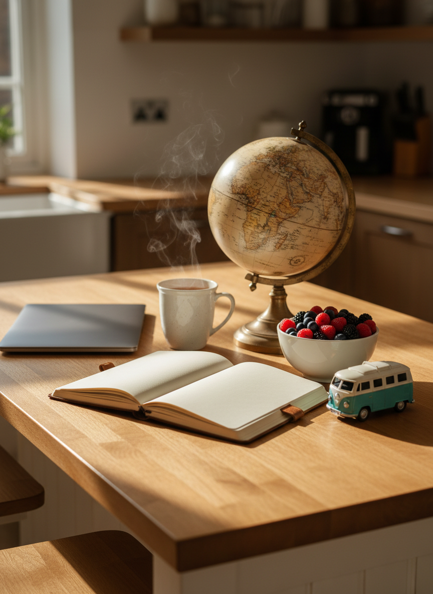 A polished wooden kitchen island in a sunlit home, topped with a carefully arranged spread of travel-planning items: an open notebook with blank pages ready for notes, a closed laptop, a ceramic mug of steaming tea, a small bowl of fresh berries, and a vintage-style globe on a brass stand. A toy camper van rests beside the notebook, suggesting upcoming family journeys. Soft morning sunlight pours through an off-camera window, creating long, gentle shadows and a warm, inviting glow. Captured from a slightly elevated angle in photographic realism, with a shallow depth of field that blurs the surrounding kitchen cabinets, the composition feels sophisticated yet lived-in, ideal for lifestyle and planning articles.